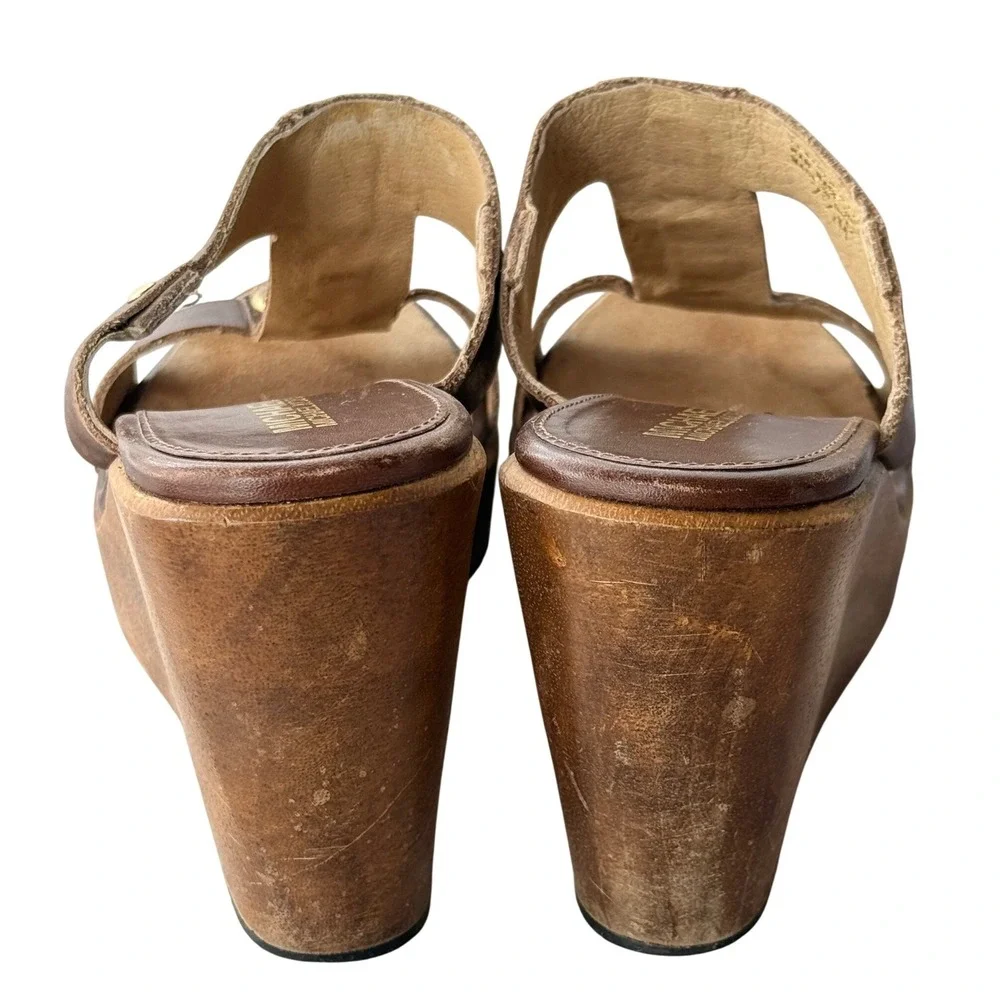 Y2K VTG Michael Kors Brown Leather Wood Wedge Platform Sandals Gold Rings 7.5M